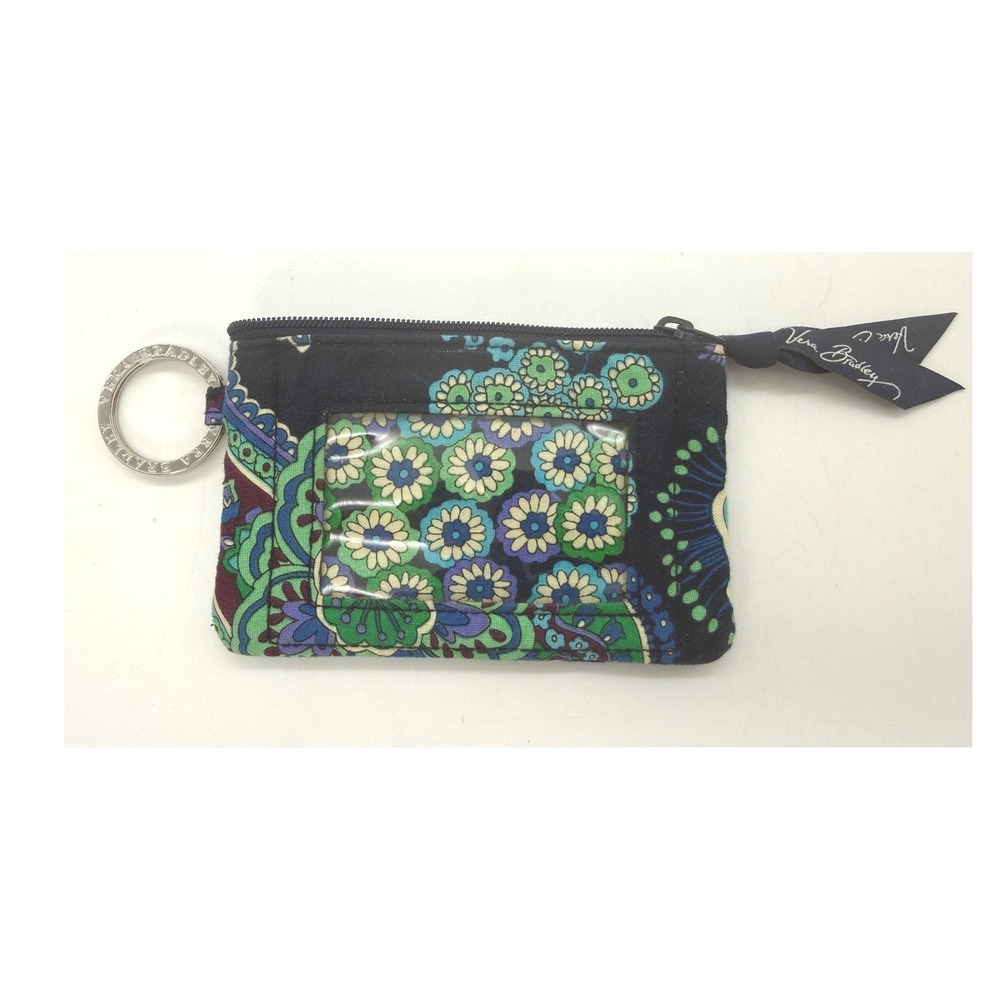 Vera Bradley Zip ID Case Paisley Blue Green Purple Quilted Wallet Key Ring